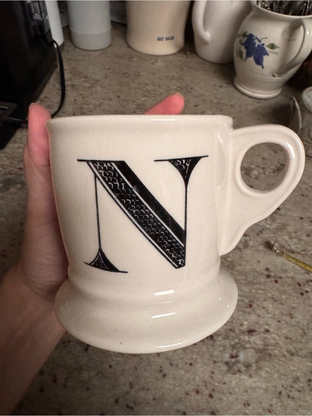 Anthropologie Cream Ceramic Mug with Black 'N' Monogram